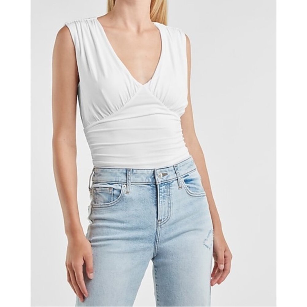 Express White Body Contour Ruched Empire Deep V Bodysuit SZ S‎ NWT